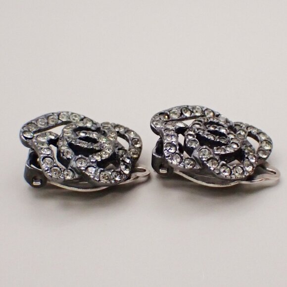 CHANEL Logo Camellia Motif Rhinestone Earrings 00A Silver France - Picture 6 of 16